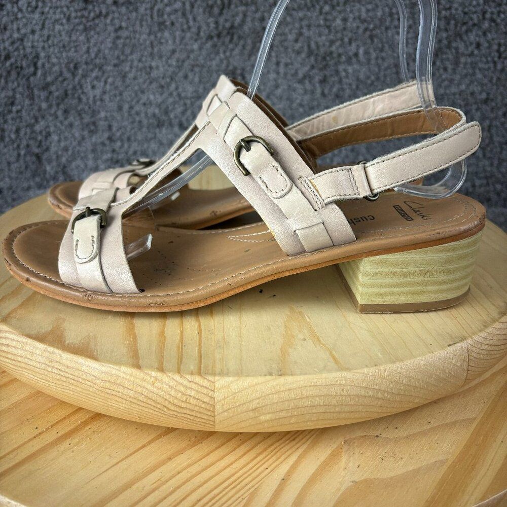Clarks Collection Reida Sandal Women 8.5 Leather Beige Slingback Block Heel Shoe